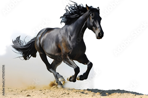 A Majestic Black Horse Gracefully running on a Pristine White Background