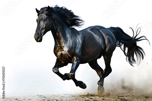 A Majestic Black Horse Gracefully running on a Pristine White Background