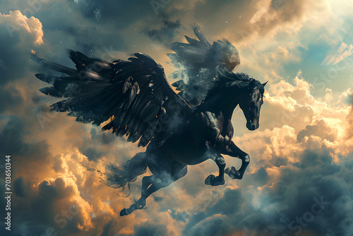 A fantastical scene with a black horse adorned with majestic wings, soaring through a dreamlike landscape with clouds and celestial elements photo