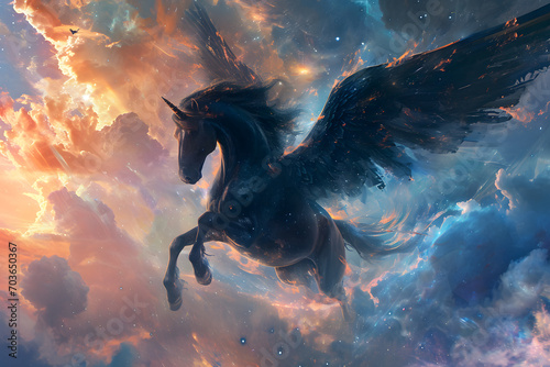 A fantastical scene with a black horse adorned with majestic wings, soaring through a dreamlike landscape with clouds and celestial elements photo
