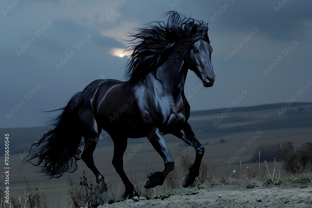 An image of a powerful black horse galloping freely under a moonlit sky, with a mane and tail flowing in the wind
An image of a powerful black horse galloping freely under a moonlit sky, with a mane and tail flowing in the wind
