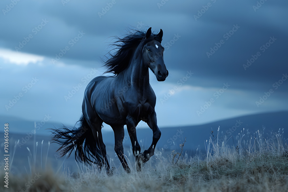 An image of a powerful black horse galloping freely under a moonlit sky, with a mane and tail flowing in the wind
An image of a powerful black horse galloping freely under a moonlit sky, with a mane and tail flowing in the wind