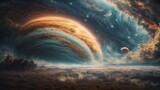  a gas giant with swirling storms, massive atmospheric phenomena, and floating islands suspended in the upper layers of the atmosphere Generative AI