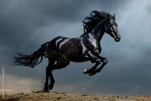  An image of a powerful black horse galloping freely under a moonlit sky, with a mane and tail flowing in the wind