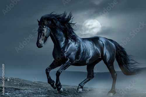  An image of a powerful black horse galloping freely under a moonlit sky, with a mane and tail flowing in the wind © Asiri