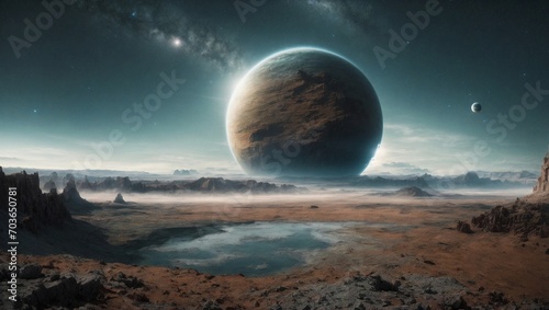  a rogue planet drifting through space, devoid of a star, with a surface featuring mysterious ruins, frozen landscapes, and a sense of cosmic isolation Generative AI