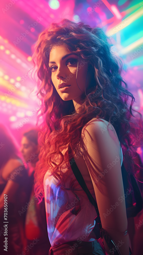 Naklejka premium Rave girl at rave party, rave girl, woman at a party, woman at a rave