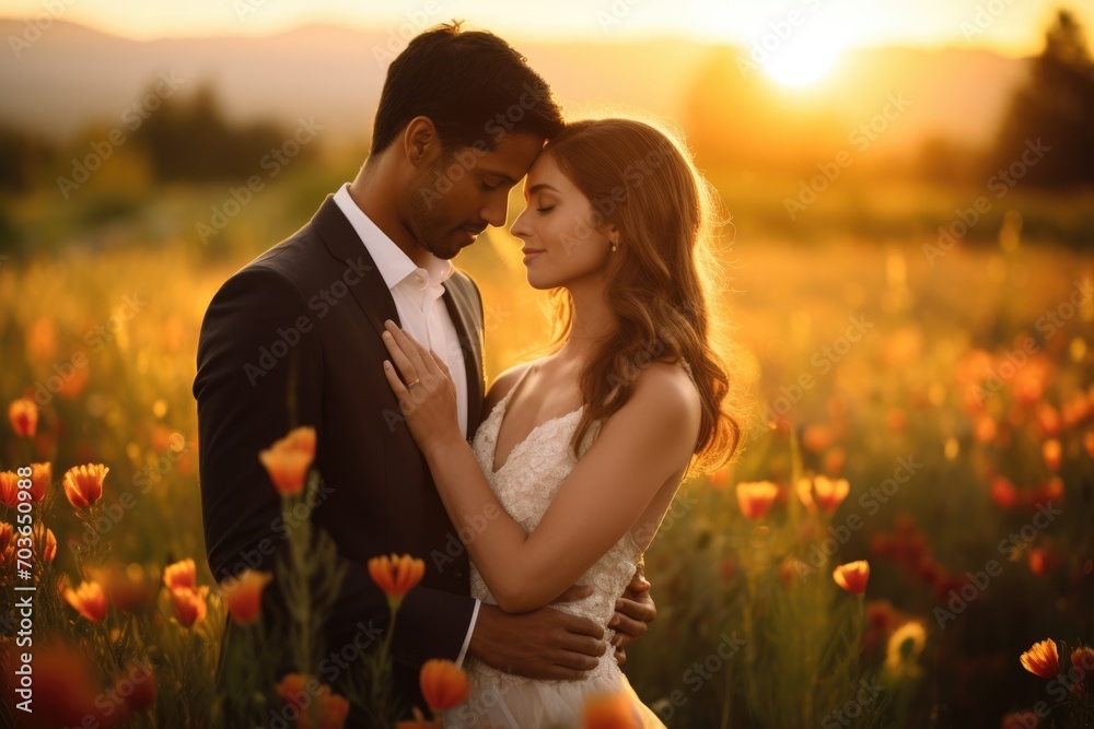 A romantic couple embraces under a golden sunset, A romantic couple embraces under a golden sunset,
