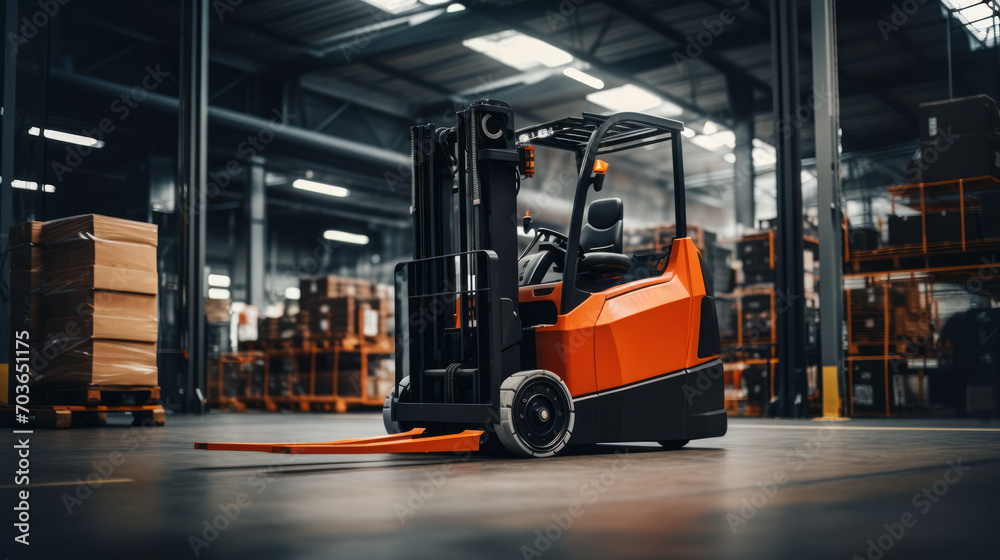 Orange forklift parked in a modern warehouse with shelves and boxes. Industrial machinery concept. Generative AI