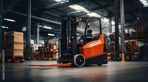 Orange forklift parked in a modern warehouse with shelves and boxes. Industrial machinery concept. Generative AI © ImageFlow