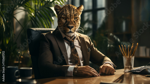 Leopard-headed businessman in contemplative pose, office setting, strategic thinking theme. Generative AI