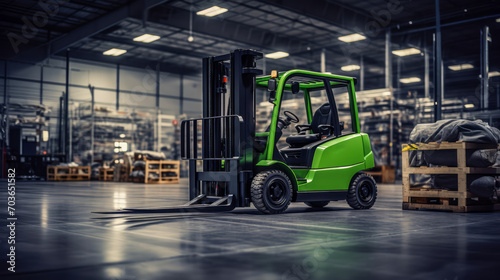 Green forklift in a warehouse, industrial equipment on concrete floor. Logistics concept. Generative AI