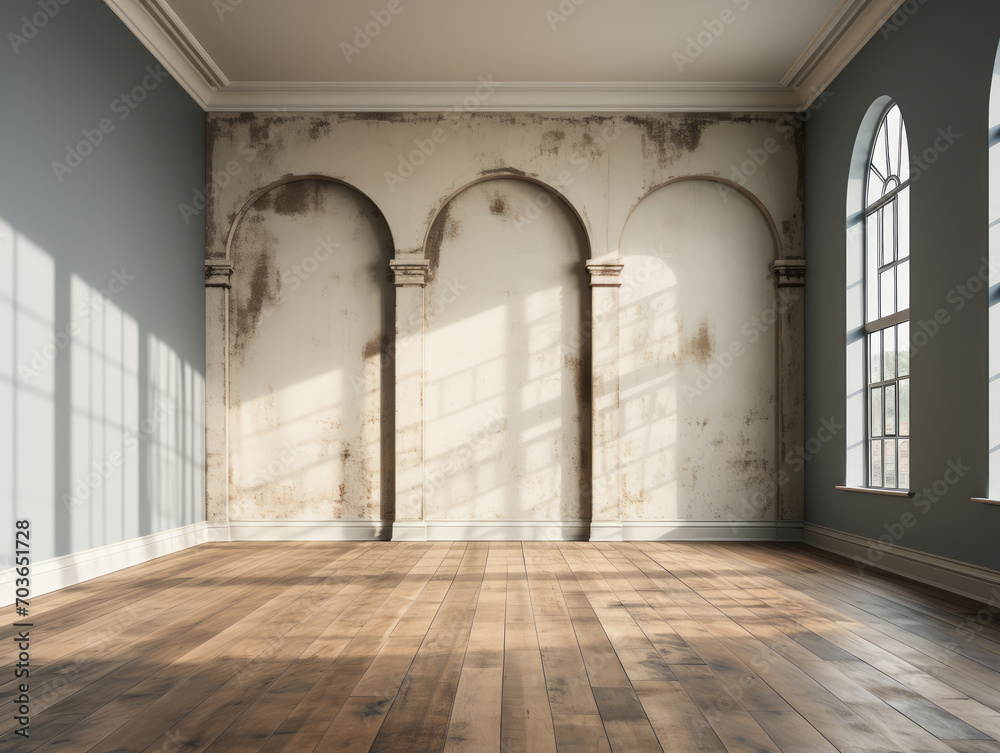 Spacious room with arches, wooden floor, and shadow play. Rustic elegance concept. Generative AI Spacious room with arches, wooden floor, and shadow play. Rustic elegance concept. Generative AI
