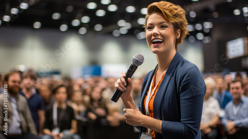 Smiling woman with microphone presenting at a professional conference, audience in background. Generative AI