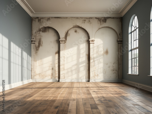 Spacious room with arches, wooden floor, and shadow play. Rustic elegance concept. Generative AI