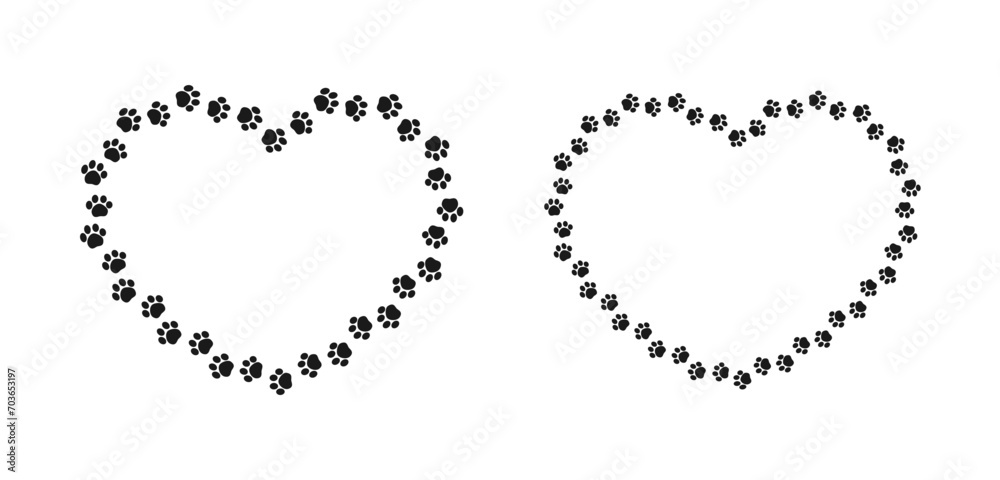 Obraz premium Heart shaped frame made of animal paw prints with empty space for your text and images. Cute Valentines, animal lover dog paw print border.