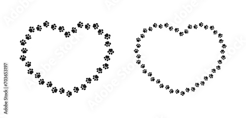 Heart shaped frame made of animal paw prints with empty space for your text and images. Cute Valentines, animal lover dog paw print border.