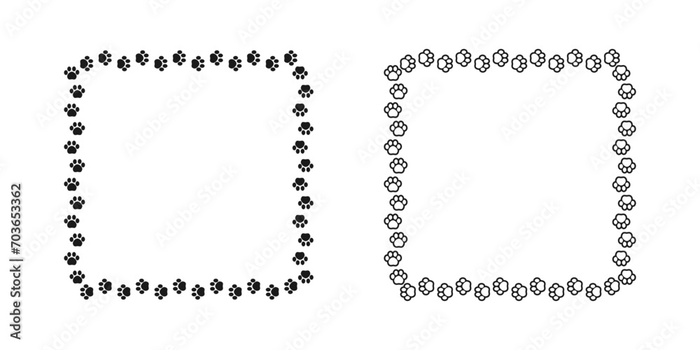 Square frame made of animal paw prints silhouette and outline set. Cute dog paw print track trail border collection. Vector illustration Square frame made of animal paw prints silhouette and outline set. Cute dog paw print track trail border collection. Vector illustration