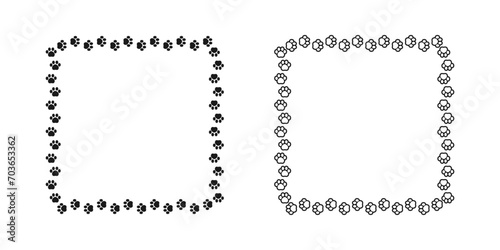Square frame made of animal paw prints silhouette and outline set. Cute dog paw print track trail border collection. Vector illustration