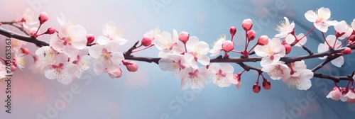 Beautiful soft spring background. Pink flowers on cherry tree branch on blue and pearl pastel background