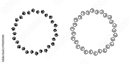Round frame made of animal paw prints silhouette and outline set. Cute dog paw print track trail border collection. Vector illustration