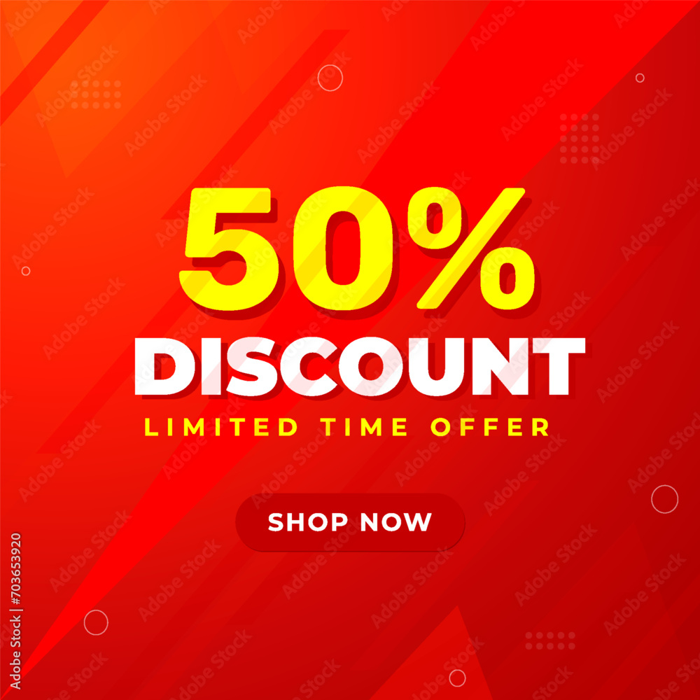 50 Percent Discount banner promotion template with 3D Text on red background. Special deal label design. Modern composition flat limited time discount background abstract vector.