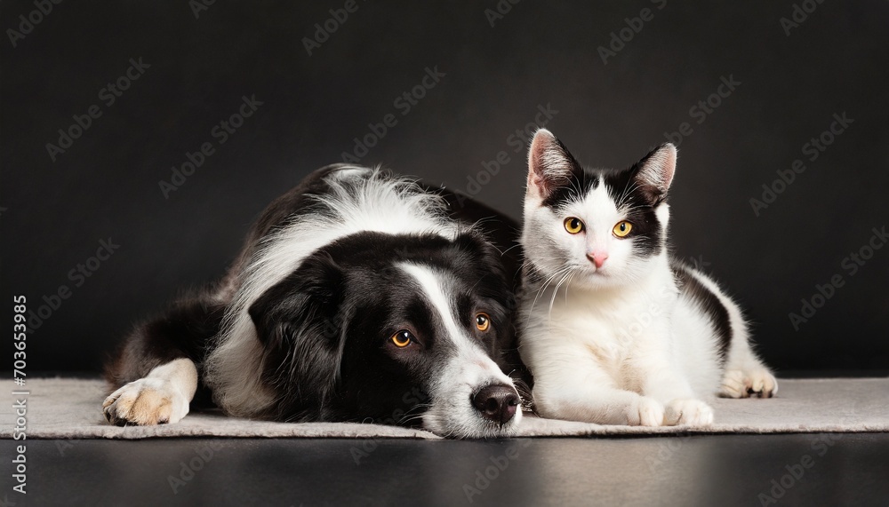 Black cat and white dog lying together on the floor. Banner with pets  black background