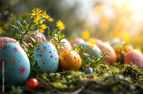Easter eggs in garden, spring season traditional egg hunt 