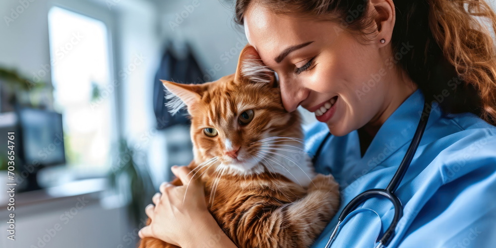 Ginger cat is hold by happy and smiling veterinarian in vet clinic in cropped horizontal view. Pet health care and animals concept. Ginger cat is hold by happy and smiling veterinarian in vet clinic in cropped horizontal view. Pet health care and animals concept.