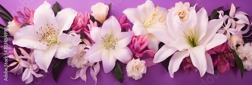 Bright colorful flower border of purple peonies and white lilies on purple-pink background. Floral design for congratulations.