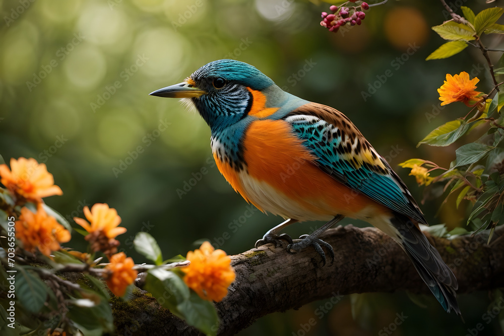 A colorful wild bird on a branch of a tree