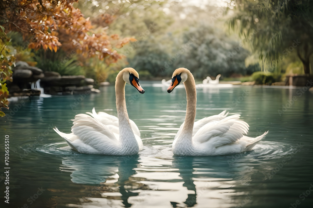 Fototapeta premium A couple of swans swimming elegantly in a lake