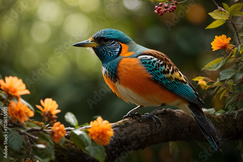 A colorful wild bird on a branch of a tree