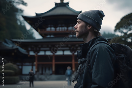 A trekker visiting a serene Japanese temple, Generative AI