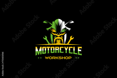 Colorful sports motorbike service and repair workshop logo design