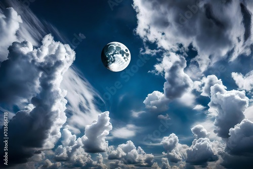 blue clouds in the dark white sky with heat lightning in the clouds with moon shinning on the top of the sky abstract background 