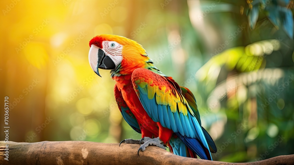 Colorful portrait of Amazon red macaw parrot against jungle. Wildlife and rainforest exotic tropical birds as popular pet breeds. Generative Ai