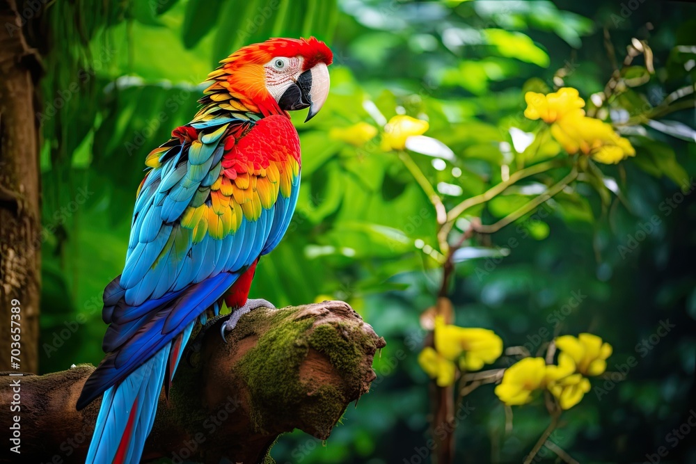 Colorful portrait of Amazon red macaw parrot against jungle. Wildlife and rainforest exotic tropical birds as popular pet breeds. Generative Ai