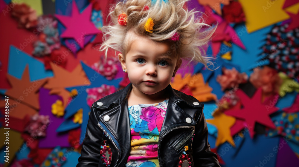 A toddler's carefree spirit is captured amidst a kaleidoscope of colors, with a tousled mohawk and a bright shirt that screams 90s fun and flair. A toddler's carefree spirit is captured amidst a kaleidoscope of colors, with a tousled mohawk and a bright shirt that screams 90s fun and flair.