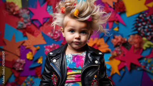 A toddler's carefree spirit is captured amidst a kaleidoscope of colors, with a tousled mohawk and a bright shirt that screams 90s fun and flair.