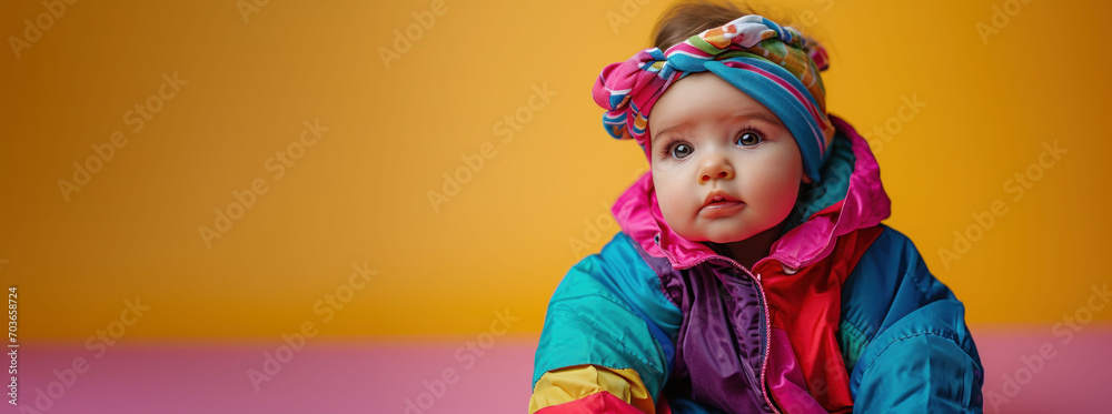 Fototapeta premium A young child dons a colorful outfit and headwrap, bringing back the vibrant fashion of the 90s. The contemplative gaze and bright colors capture a nostalgic yet timeless innocence.