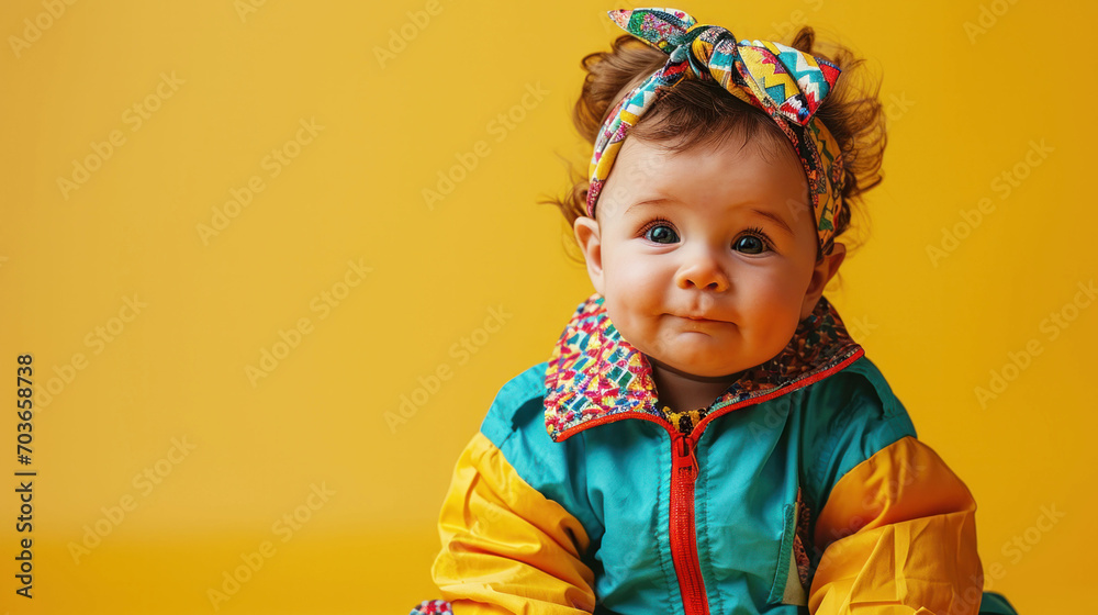 A cheerful toddler smiles softly, clad in a retro jacket and headband, evoking the fun and bold style of the 90s. The warm yellow background enhances the sunny disposition