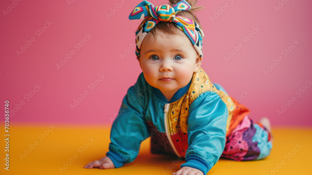 A baby in a colorful ensemble and headwrap crawls on a bright surface, reflecting the playful and carefree days of the 90s. The candid moment is filled with curiosity and joy. A baby in a colorful ensemble and headwrap crawls on a bright surface, reflecting the playful and carefree days of the 90s. The candid moment is filled with curiosity and joy.