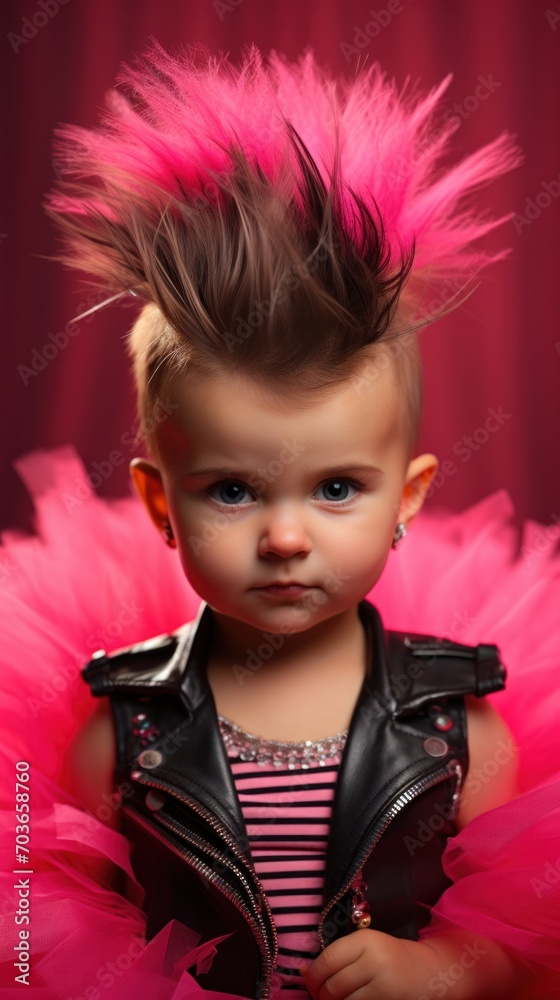 A baby with an eye-catching pink mohawk and leather jacket showcases the rebellious edge of 90s punk fashion. The serious gaze contrasts with the playful, punk-inspired outfit. A baby with an eye-catching pink mohawk and leather jacket showcases the rebellious edge of 90s punk fashion. The serious gaze contrasts with the playful, punk-inspired outfit.