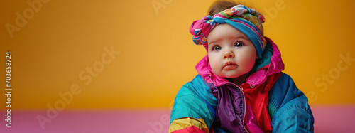  A young child dons a colorful outfit and headwrap, bringing back the vibrant fashion of the 90s. The contemplative gaze and bright colors capture a nostalgic yet timeless innocence.