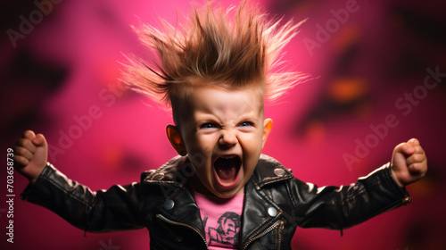  With an electrifying pink mohawk and a wild scream, this little one channels the 90s punk rock vibe. The energy and excitement of youth shine through in this spirited portrait. photo