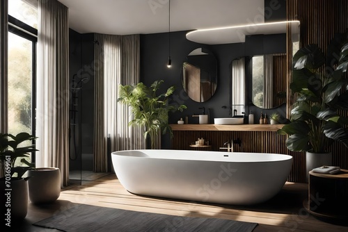 bathroom with clean lines and neutral tones  featuring a standalone bathtub and a single potted plant for a touch of nature
