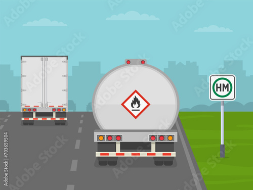 Hazardous materials route road sign area. Back view of tank truck and semi-trailer on highway. Flat vector illustration template.