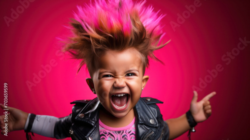 A laughing baby with a spiky pink mohawk enjoys a moment of pure joy, reminiscent of 90s punk rock fun. The magenta backdrop highlights the infectious energy of the scene.