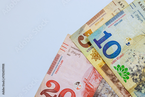 Several different denominations Georgian banknotes lari national money
